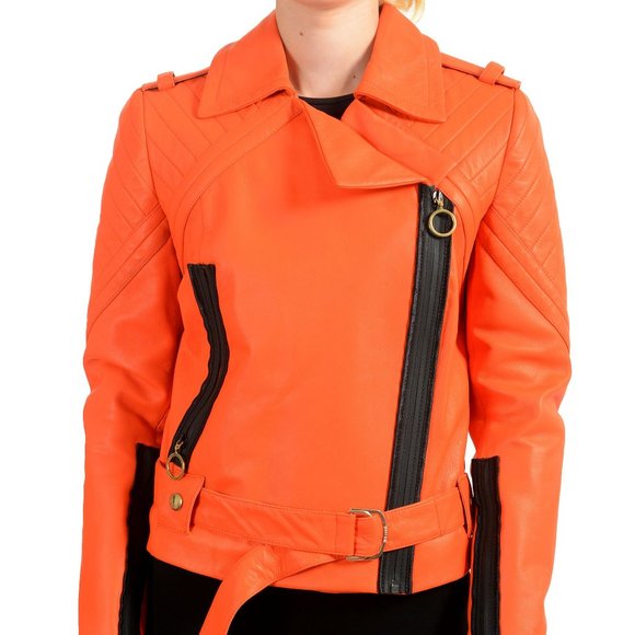 Just Cavalli Women's Bright Orange 100% Leather Bomber Jacket US S IT 40